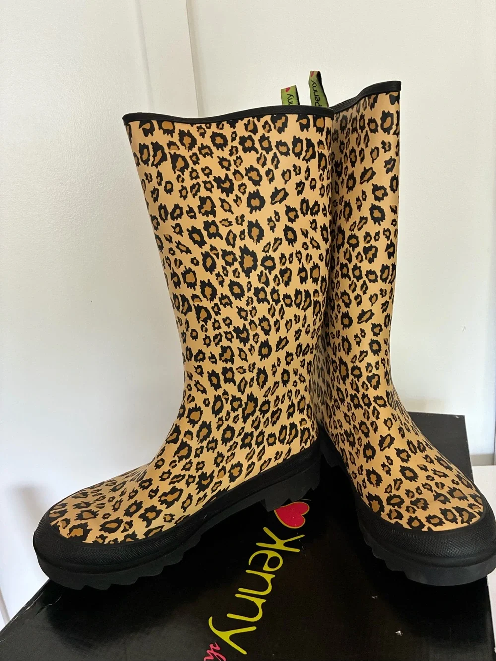 Penny Loves Kenny Leopard Print Tan and Black Rain Boots